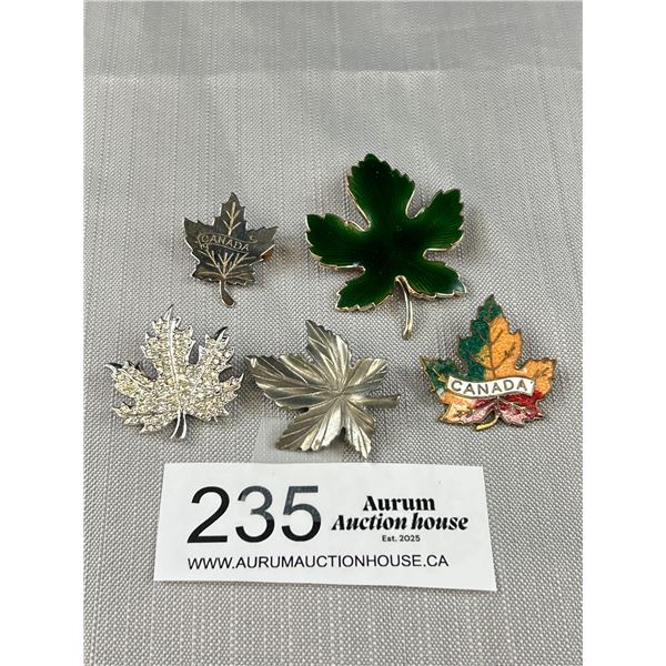 5 Vintage Maple Leaf Brooches