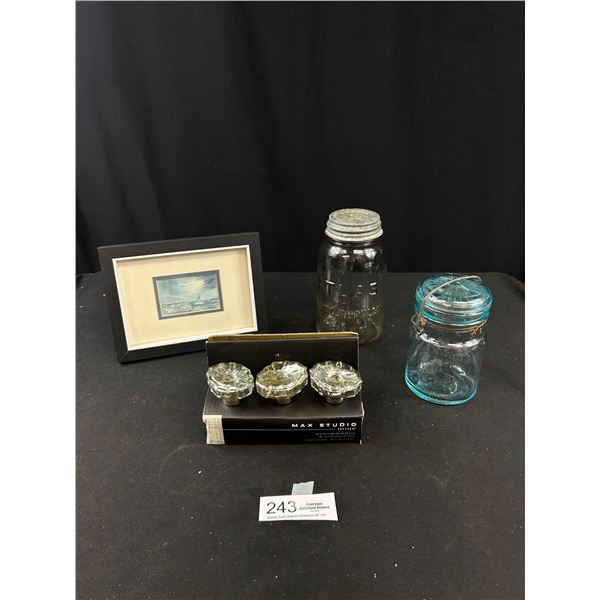 Nice Collectible Lot of Vintage Canning Jars, Drawer Handles and  Small Painting