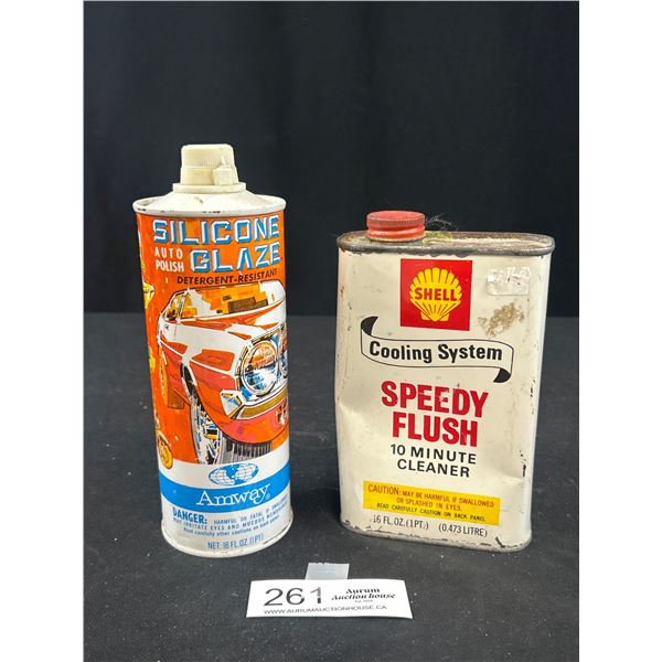 2 Vintage Automotive Tins, Shell, Speedy Flush, Amway Silicone Glaze