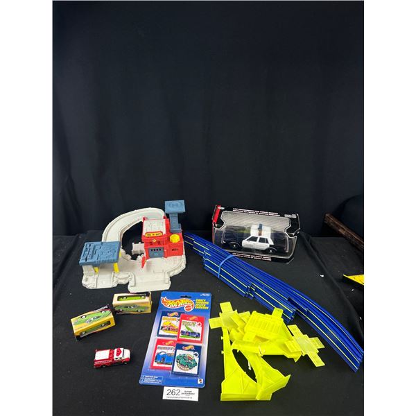 Hotwheels Racetrack + Diecast Police Car and Diecast Cars in Box, etc