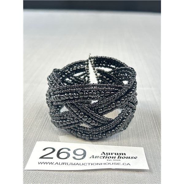 Antique Micro Glass Beads Open Cuff Black Bangle