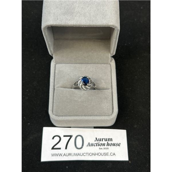 Vintage Silver w/ Blue Sapphire Stone Ring, Size 8. In Grey Ring Box