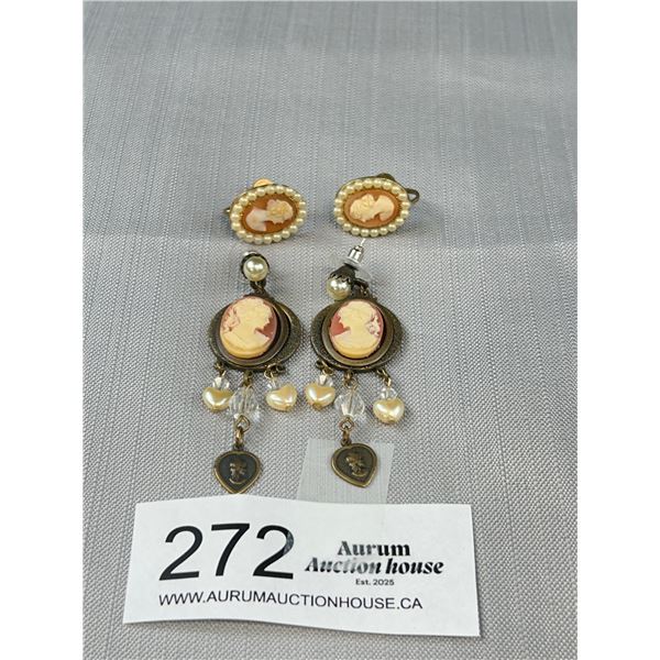 2 Pairs of Vintaeg Screw On Earrings Cameo + Pearls