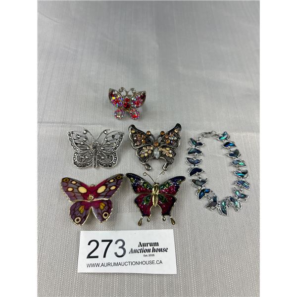 Connection of Vintage Butterfly Brooches, Ring + Bracelet, Some w/ Rhinestones)