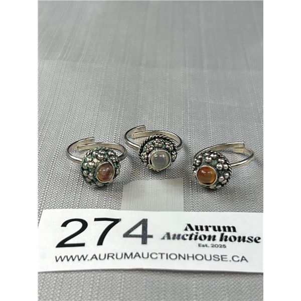 3 Vintage Silver w/ Agate Stones Rings, Adjustible