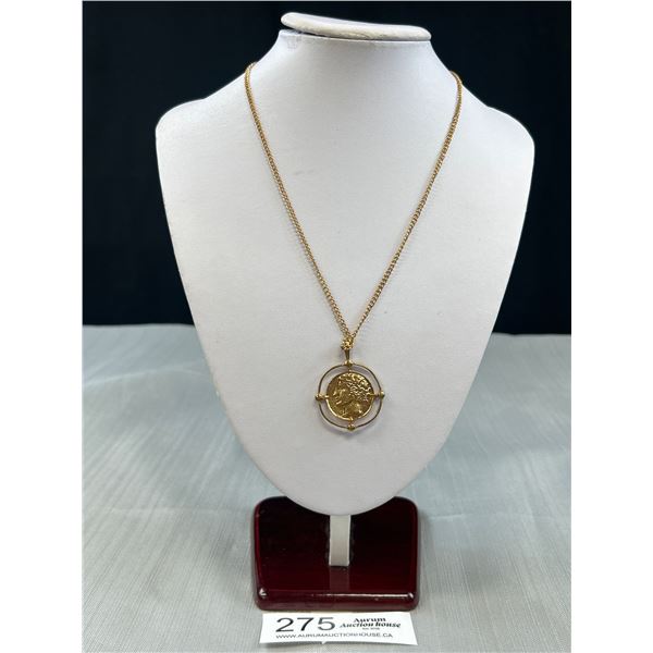 Vintage Gold Tone Coin Design Pendant w/ Chain Necklace