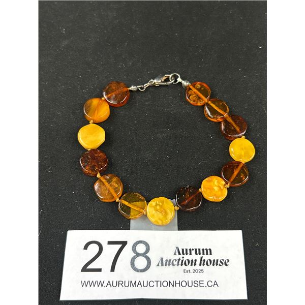Vintage Hand Crafted Genuine Amber Stone Disks Links Bracelet, Lobster Clasp