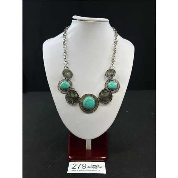 Heavy Vintage Silver Tone w/ Turqouise Necklace 20"-24" L Original Patina