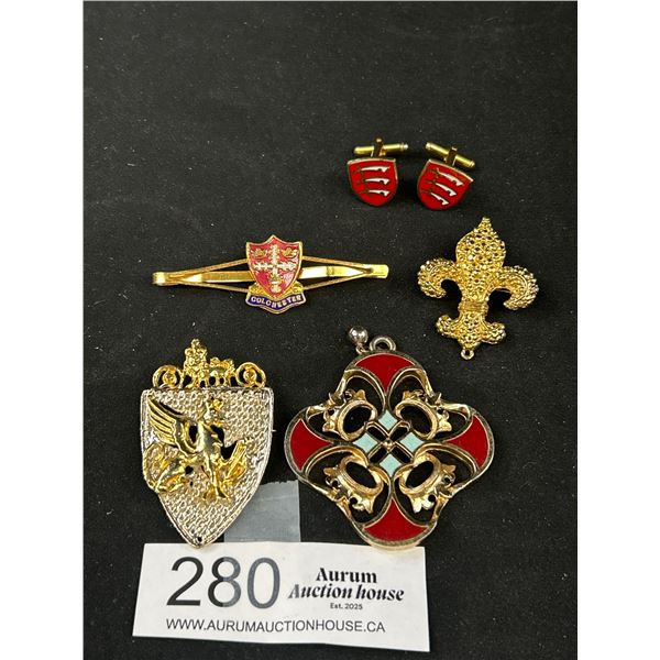 Collection of Gold Tone w/ Enamel Pendant, Cufflinks, Tiebar + Brooches