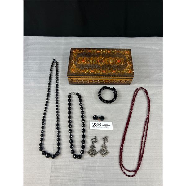 Vintage Handcrafted Wood Box w/ Costume Jewlery (Includes Black Glass,etc)