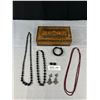 Image 1 : Vintage Handcrafted Wood Box w/ Costume Jewlery (Includes Black Glass,etc)