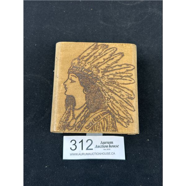 Burnt Pokerwork Box "Best Wishes" Beadwork Purse