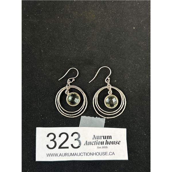 Unusual Sterling Triple Hoop + Crystal Earrings