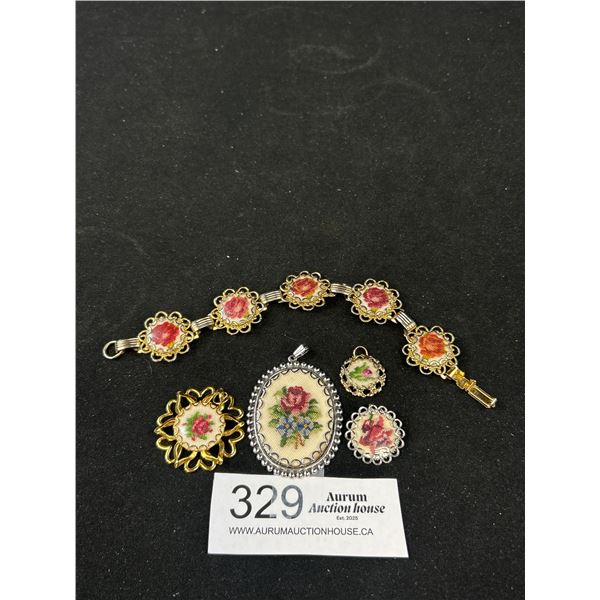 Hand Crafted Needle Point Pendants + Bracelet