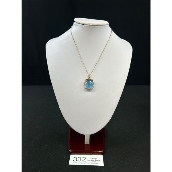 Vintage Gold w/ Blue Faceted Glass Stone Pendant w/ Chain Neck;ace