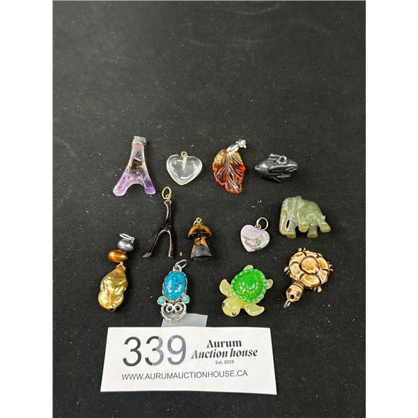 12 Genuine Gem Stones, Pearls, Black Coral, BC Jade Etc, Pendants + Ornaments