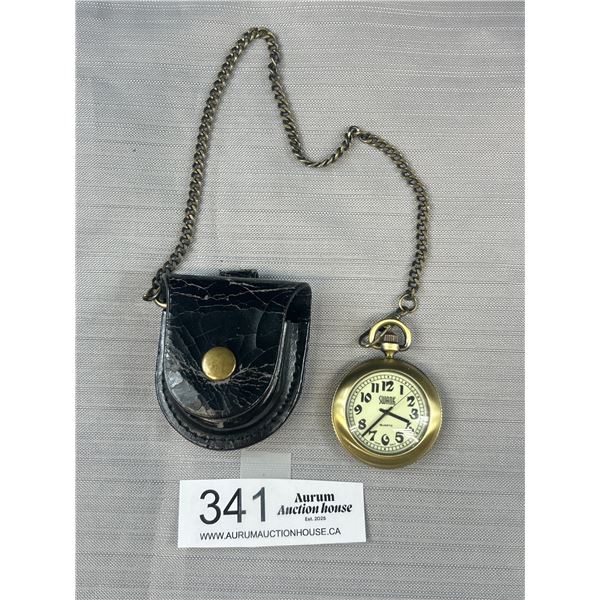 Swank Quartz Pocket Watch w/ Chain + Leather Case Marked Dallas "Flame On" LD 9" Working