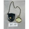 Image 1 : Swank Quartz Pocket Watch w/ Chain + Leather Case Marked Dallas "Flame On" LD 9" Working