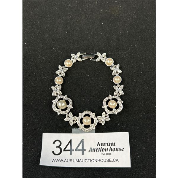 Goregous Silver Plated w/ Pearls + Rhinestones Bracelet