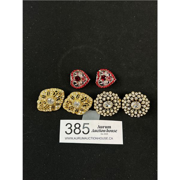 3 Pairs of Vintage Rhinestones Clip On Earrings One Marked FAC