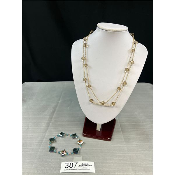 Double Length Crystal Beads Necklace, Marked Hon on Label + Crystal Beads Bracelet