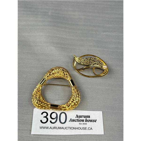 2 Vintage Gold Brooches, One w/ Genuine Pearl