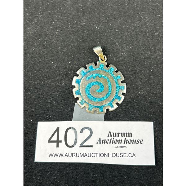Very Nice Large Turqouise Mexican Silver Pendant