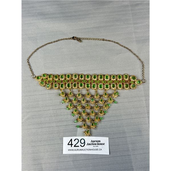 Outstanding Gold Tone w/ Green + White Stones Necklace