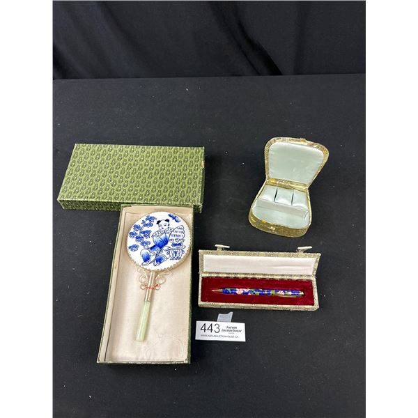 Vintage Jade Handled Mirror, Cloisonne Pen and Jewelry Box