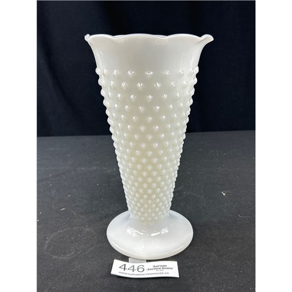 Vintage Milk Glass Hobnail Dots Dash Ruffled Edge 10" Vase