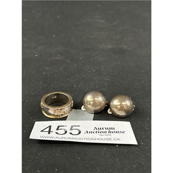 Vintage .925 Sterling Mex Ring and Button Clip Back Earrings