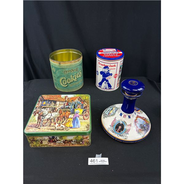 Vintage Collectibles - Large Pussers Rum Decanter, Cracker Jack, English Biscuit and Homestyle Cooki