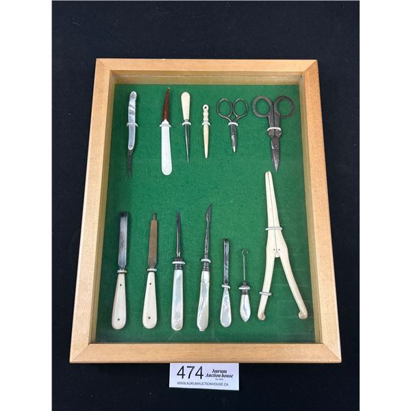 Nice Display Case of Mother of Pearl Nail Files, Etc
