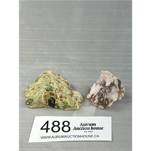 Lot of 2 Stones, Zebra Jasper and Green Garnet Specimen