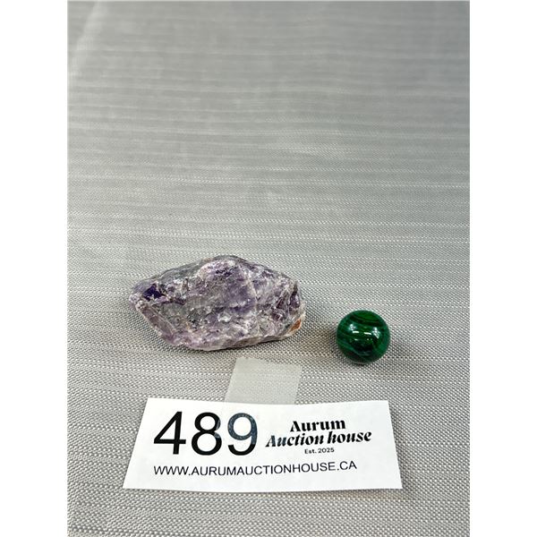 Lot of 2 Stones, Malachite Sphere and Amethyst Chetrone