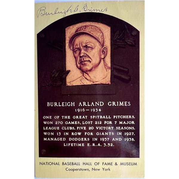 Burleigh Grimes signed HOF postcard