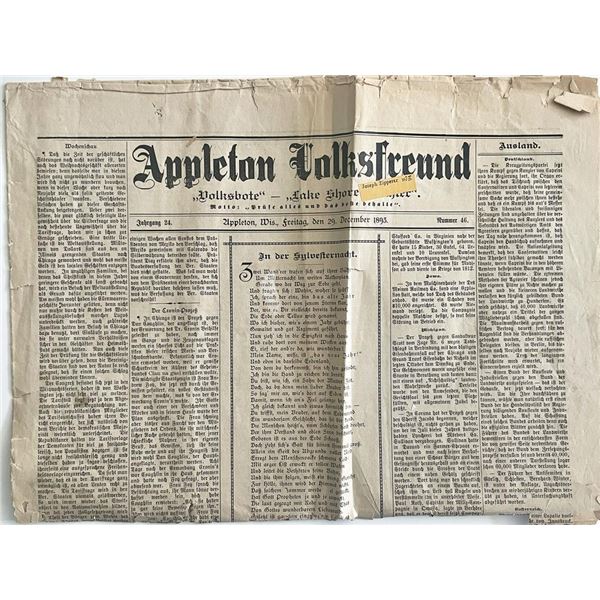 1893 Appleton Volksfreund German Language Vintage Newspaper