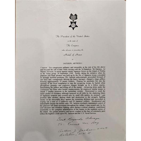 WW2 MOH Recipient Arthur J. Jackson Signed Page