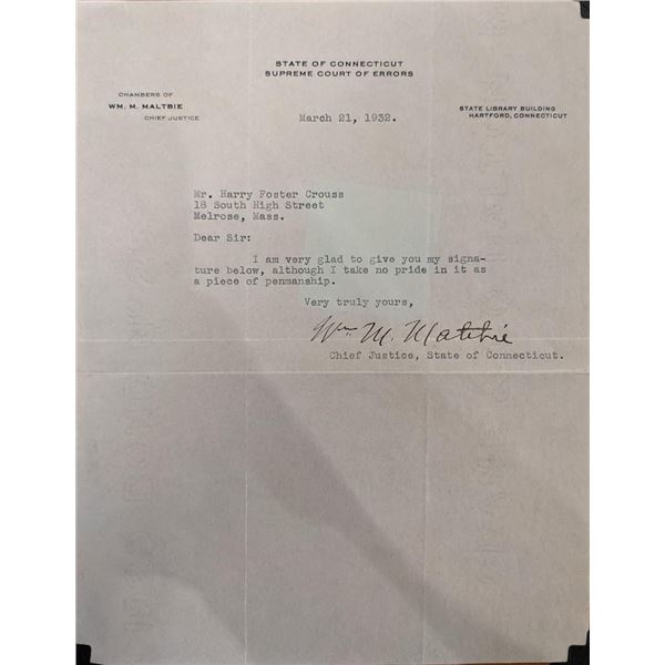 Connecticut Chief Justice W.M. M. Maltbie Signed Letter