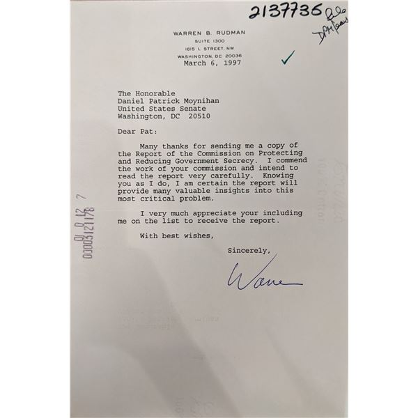Warren B. Rudman Signed Letter