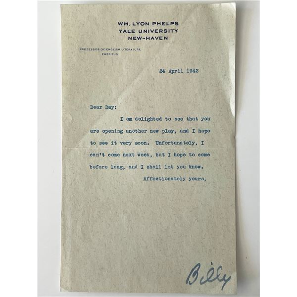 Yale Professor W.M. Lyon Phelps signed note
