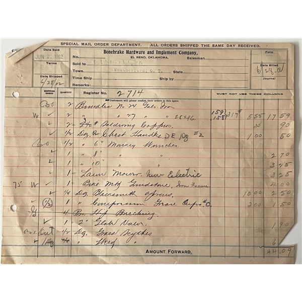 1902 Bronebrake Hardware store accounting log