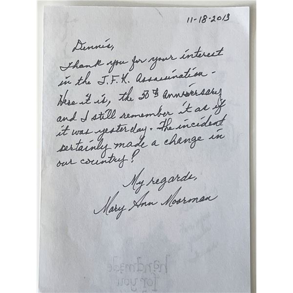 JFK assassination witness Mary Ann Moorman signed note