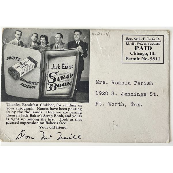 NBC Radio Don McNeill signed postcard