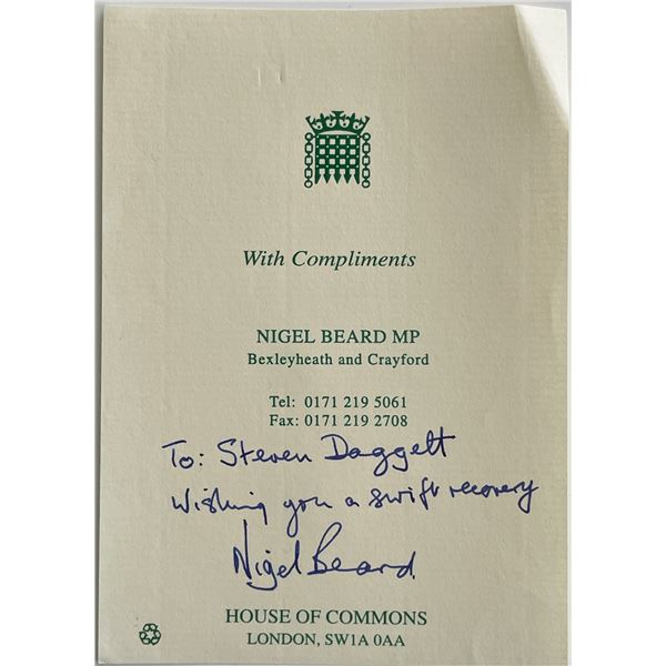 Member of Parliament Nigel Beard signed note