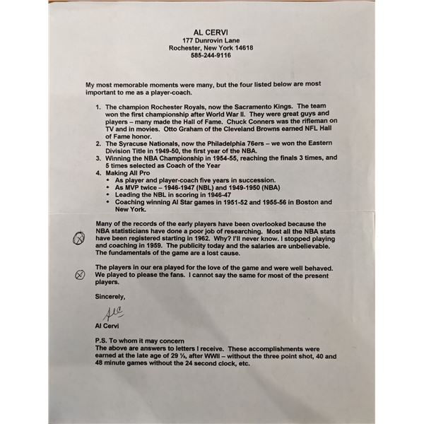 Al Cervi Signed Letter