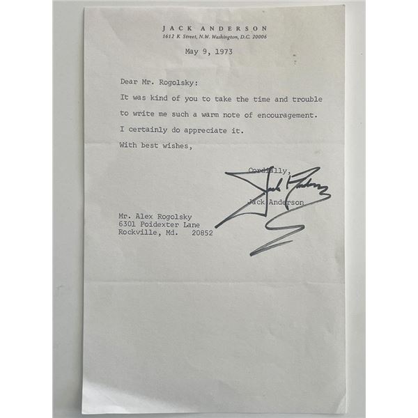 Newspaper columnist Jack Anderson signed note