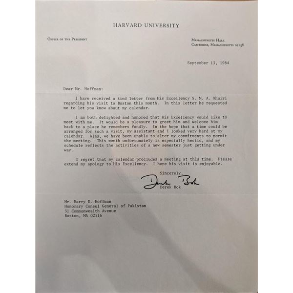 Harvard President Derek Bok Signed Letter