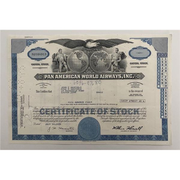 Pan American World Airways, INC Six Hundred Five Shares Certificate of Stock