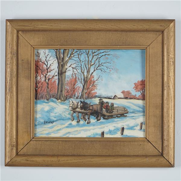 Winter Sleigh Ride Oil on Board Painting, Signed Stevens
